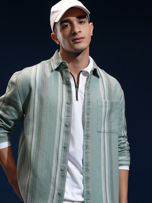 HIGHLANDER Men Striped Casual Green Shirt