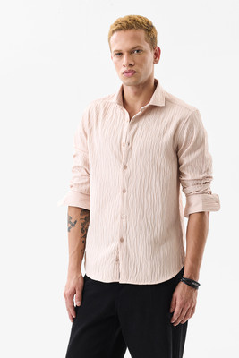 Snitch Men Self Design Casual Beige Shirt