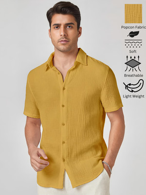 Webric Men Self Design Casual Yellow Shirt