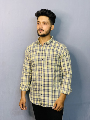 d generation x Men Checkered Casual Yellow Shirt