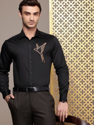 House of Pataudi Men Solid Party Black Shirt