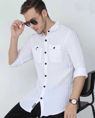 Maiverik Fashion Men Self Design Casual White Shirt