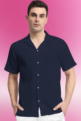 A DEEMOON TREND Men Striped Casual Dark Blue Shirt