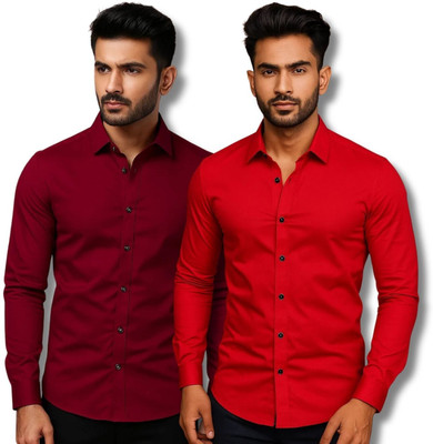 MANCHESTER & CO Men Solid Casual Maroon, Red Shirt(Pack of 2)
