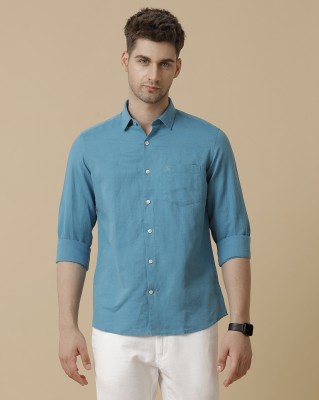 Linen Club Men Solid Casual Blue Shirt