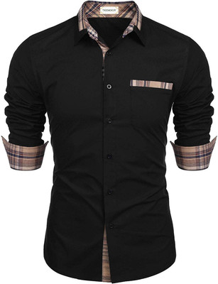 DEEMOON Men Solid Casual Black Shirt