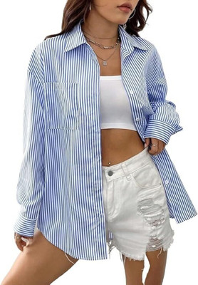 DNA crafted with love Women Striped Casual Blue Shirt