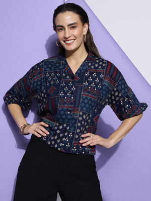 METRONAUT Women Printed Casual Blue Shirt