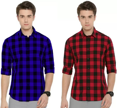 REHAN Men Checkered Casual Red, Blue Shirt(Pack of 2)