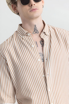 RODEIZ Men Striped Casual Beige Shirt