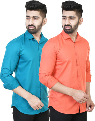Feel high Men Solid Casual Light Blue, Orange Shirt(Pack of 2)