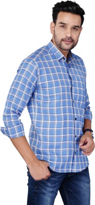 Wristy Men Checkered Casual White, Light Blue Shirt