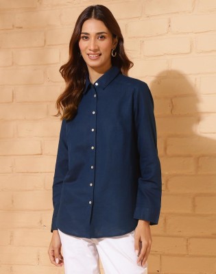 Fabindia Women Solid Casual Blue Shirt