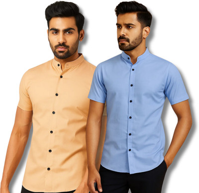RANGFIT Men Solid Casual Orange, Light Blue Shirt(Pack of 2)