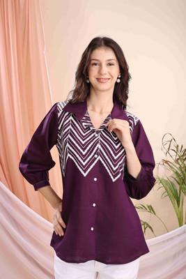 Kalavrund Creation Women Embroidered Casual Purple Shirt