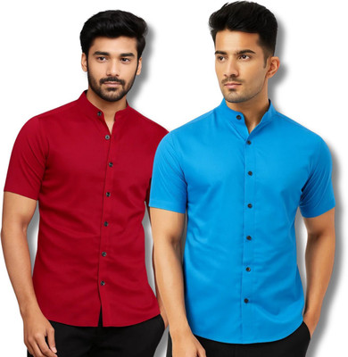 VIMASUTI Men Solid Casual Maroon, Blue Shirt(Pack of 2)