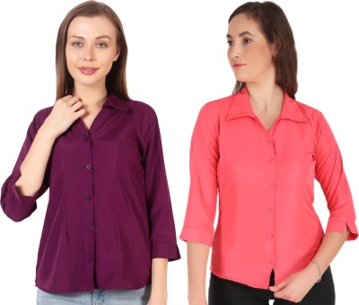 Giggles Women Solid Formal Pink, Purple Shirt(Pack of 2)