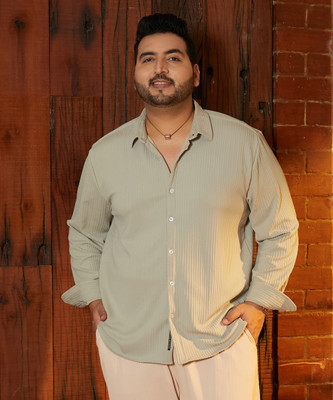 Instafab Plus Men Striped, Embellished Casual Beige Shirt