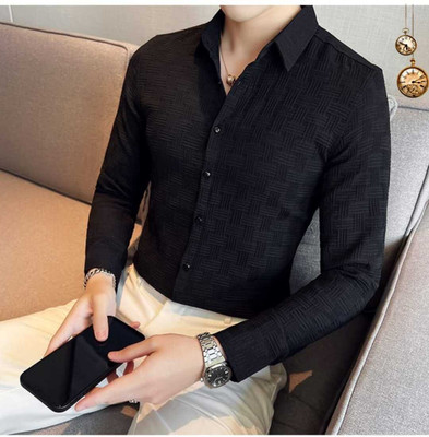 Pribha Fashion Men Self Design Casual Black Shirt