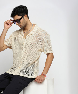SHOWOFFFF Men Self Design Casual Cream Shirt