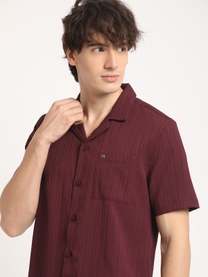 THE BEAR HOUSE Men Self Design Casual Maroon Shirt