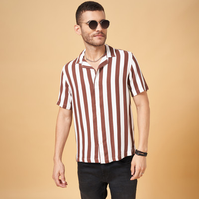 PEOPLE Men Striped Casual Brown Shirt
