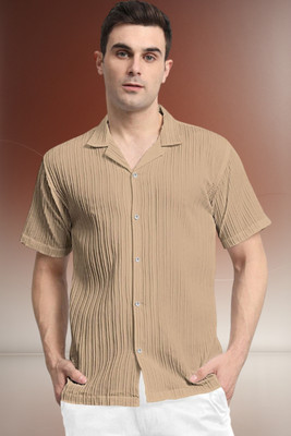 A DEEMOON TREND Men Self Design Casual Cream Shirt