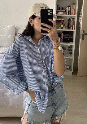 BNS Women Striped Casual Dark Blue, White Shirt