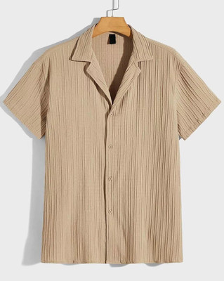 Looksky Men Self Design Casual Khaki Shirt