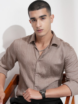 HIGHLANDER Men Striped Casual Brown Shirt