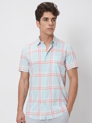 MUFTI Men Checkered Casual Light Blue, Pink Shirt