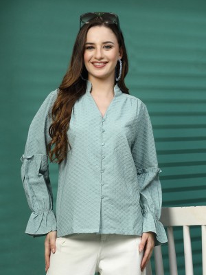 PLUSS Women Solid Casual Blue Shirt