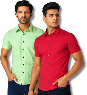 RAREMARK Men Solid Formal Light Green, Red Shirt(Pack of 2)