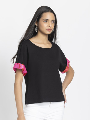 SHAYE Solid Women Round Neck Black T-Shirt