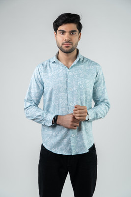 TAVASAA Men Printed Casual Light Blue Shirt