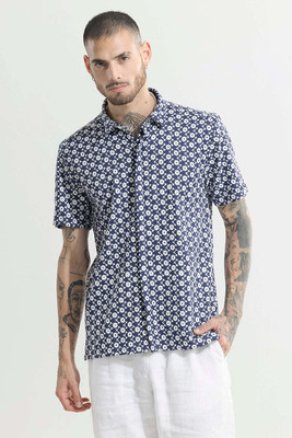 Snitch Men Printed Casual Blue, White Shirt