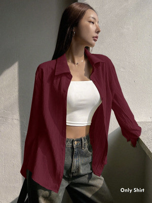 JINIK Women Solid Casual Maroon Shirt