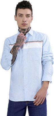 HOC Men Color Block Casual White, Light Blue Shirt