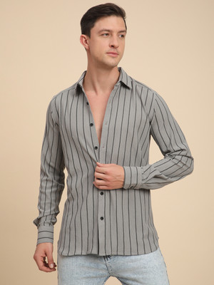 Voroxy Men Striped Casual Grey Shirt