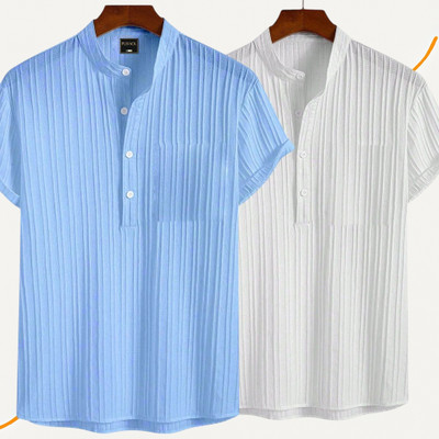 Looksky Men Self Design Casual Light Blue, White Shirt