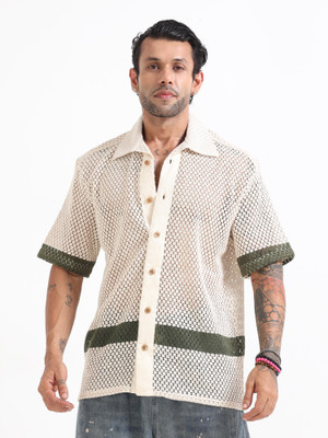 Italian Colony Men Color Block Casual Beige Shirt