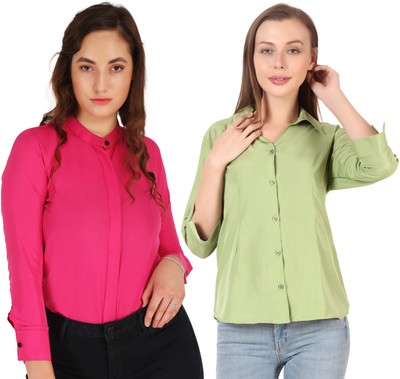 HEAVENS CREATIONS Women Solid Formal Pink, Green Shirt(Pack of 2)