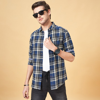 SF Jeans by Pantaloons Men Checkered Casual Dark Blue Shirt