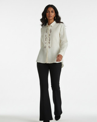 The Saras Store Women Embroidered Casual Cream, Brown Shirt