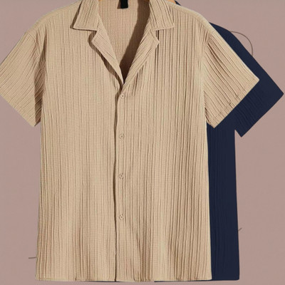 Jenil Fashion Men Self Design Casual Cream, Dark Blue Shirt(Pack of 2)