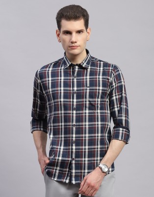 MONTE CARLO Men Checkered Casual Dark Blue Shirt