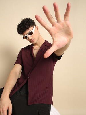 Voroxy Men Self Design Casual Maroon Shirt