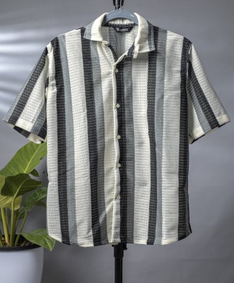 Lunice Men Striped Casual Black, Grey, White Shirt