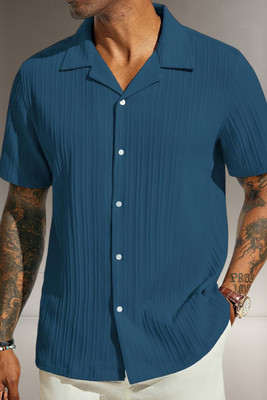 A DEEMOON TREND Men Striped, Self Design Casual Blue Shirt