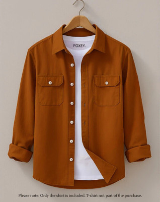 FOXEY Men Solid Casual Orange Shirt